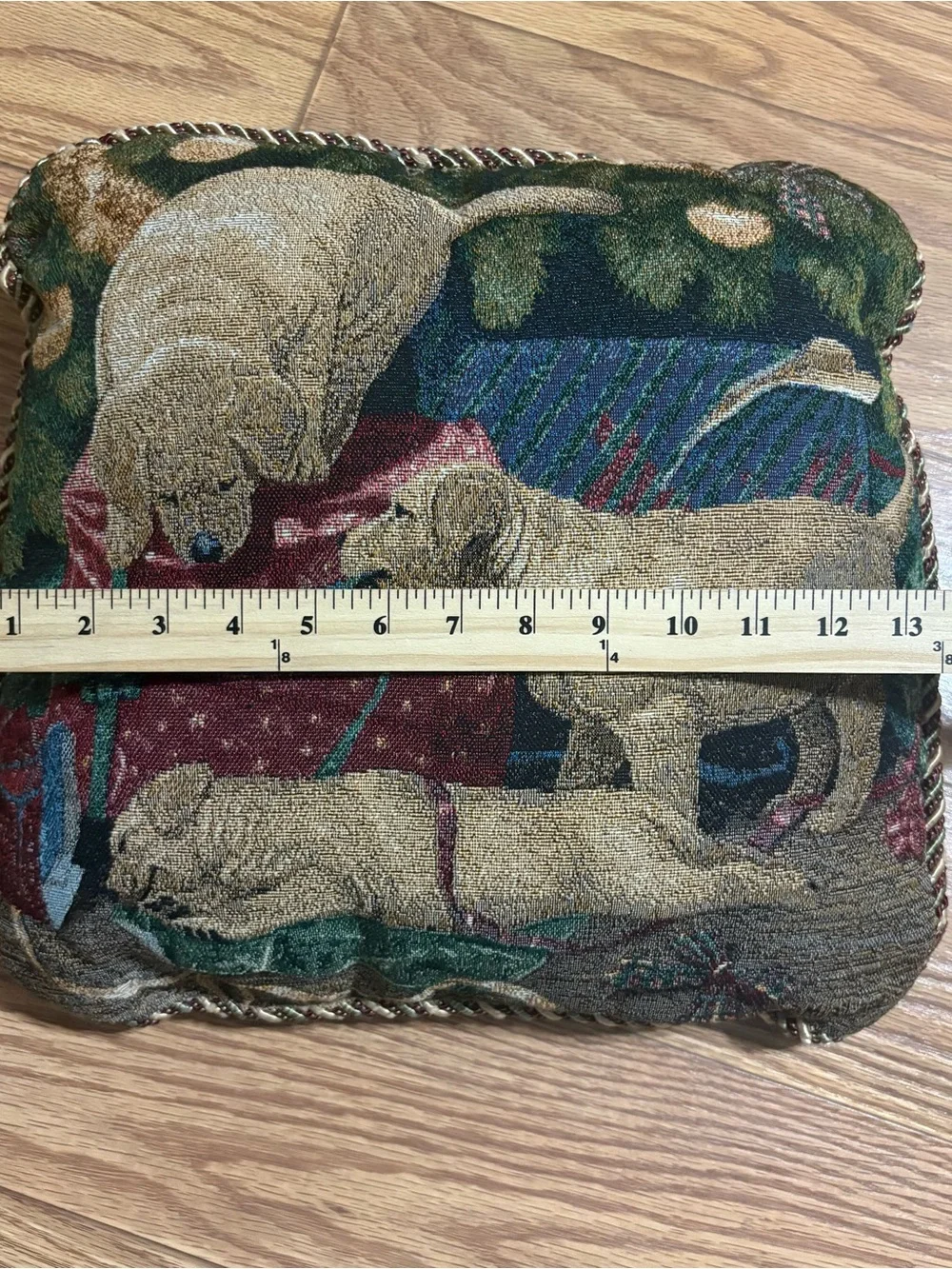 VINTAGE LAB PUPPIES DOG CHRISTMAS TAPESTRY PILLOW BY MIA LANE. PRESENTS 14